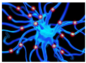 A computer generated image of a nerve cell with red lights coming out of it.
