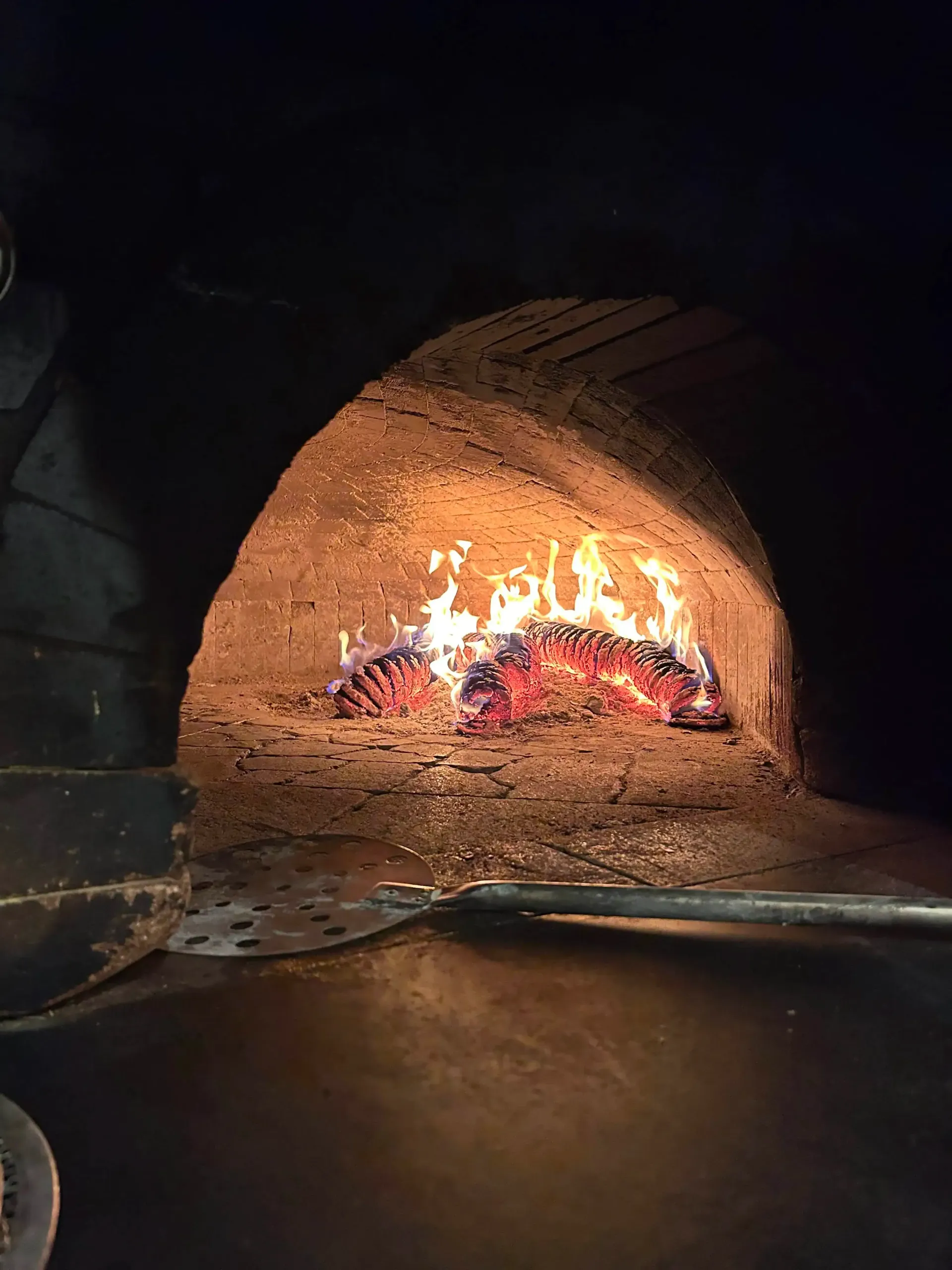 Un feu brûle vivement à l'intérieur d'un four à pizza en briques ; une pelle à pizza se trouve devant.