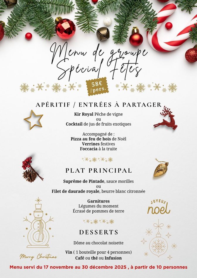 Menu de Noël pour groupe, avec décorations festives et liste des plats en français.