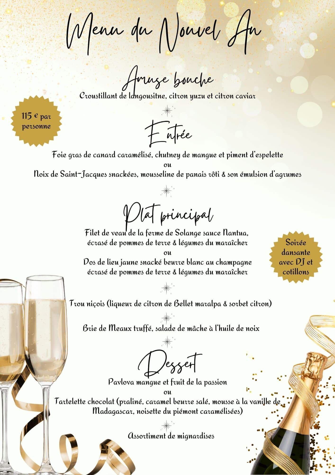 Menu du réveillon du Nouvel An avec texte sur fond doré, champagne et ruban décoratif.