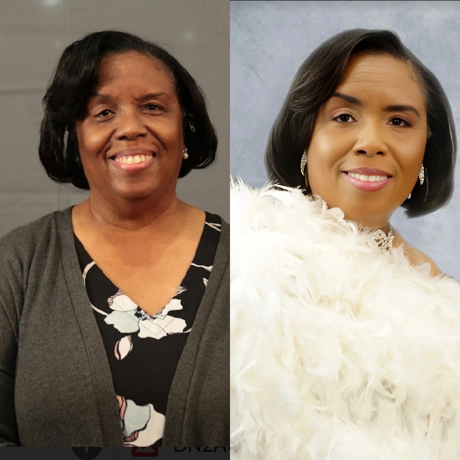 A woman in a floral top and a woman in a white feather boa