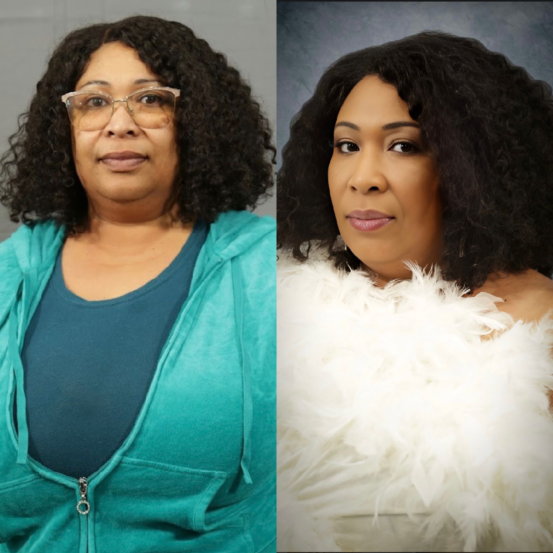 A before and after photo of a woman with curly hair