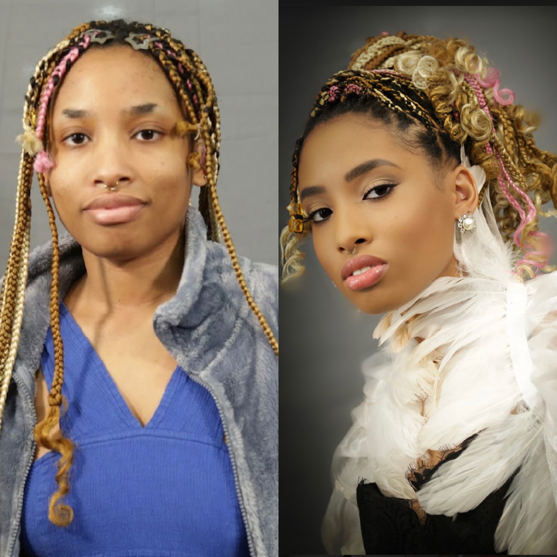 A before and after photo of a woman with braids