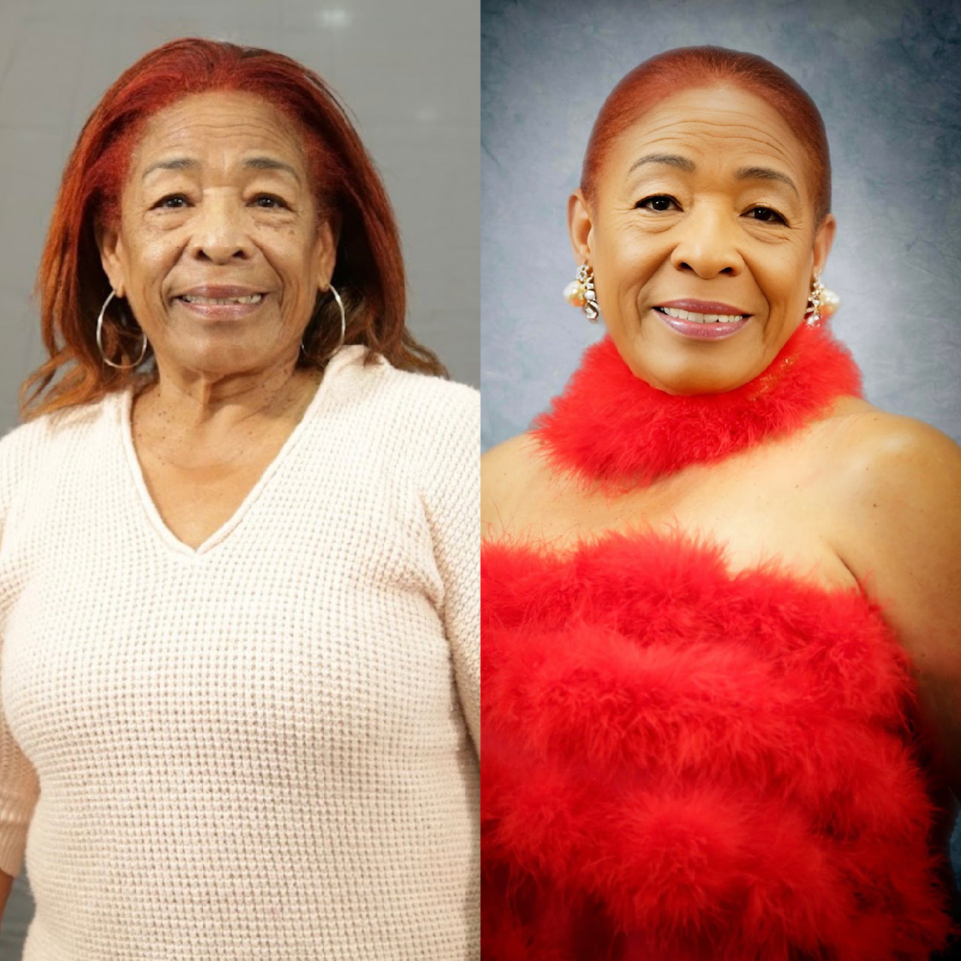 A woman in a white sweater and a woman in a red dress