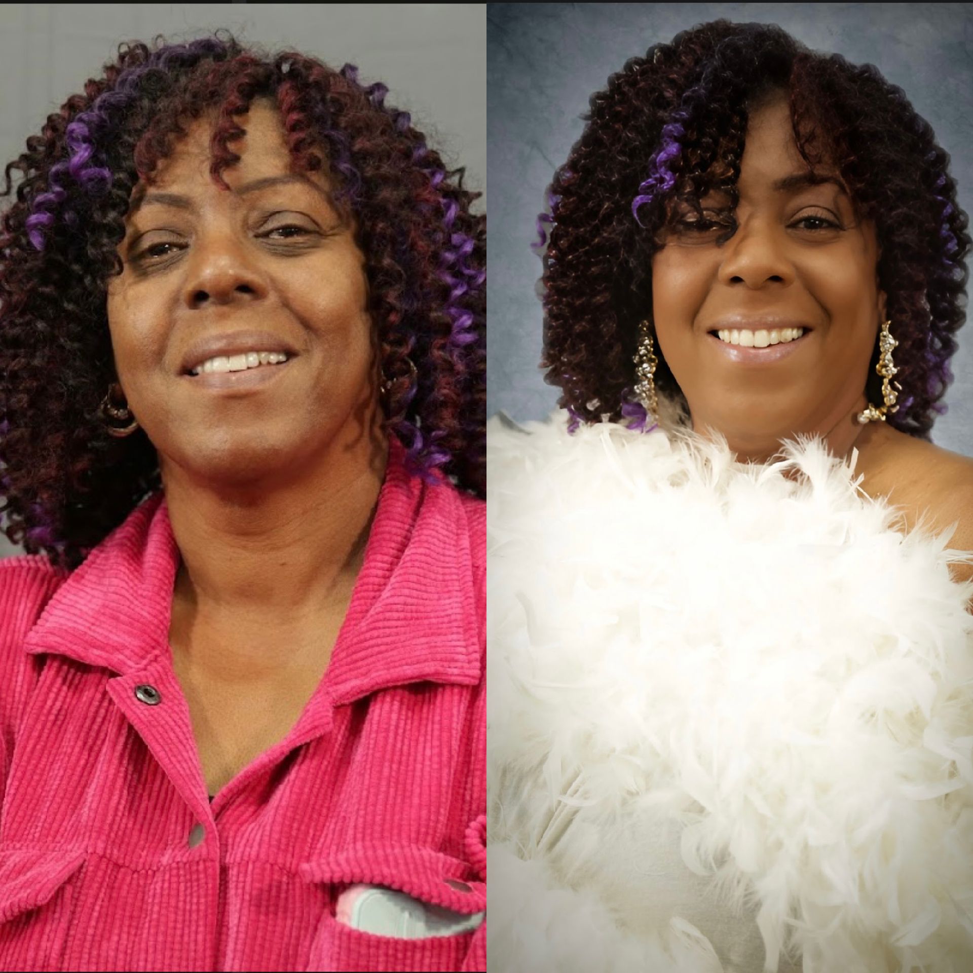 A woman with curly hair is smiling and holding a white feather boa