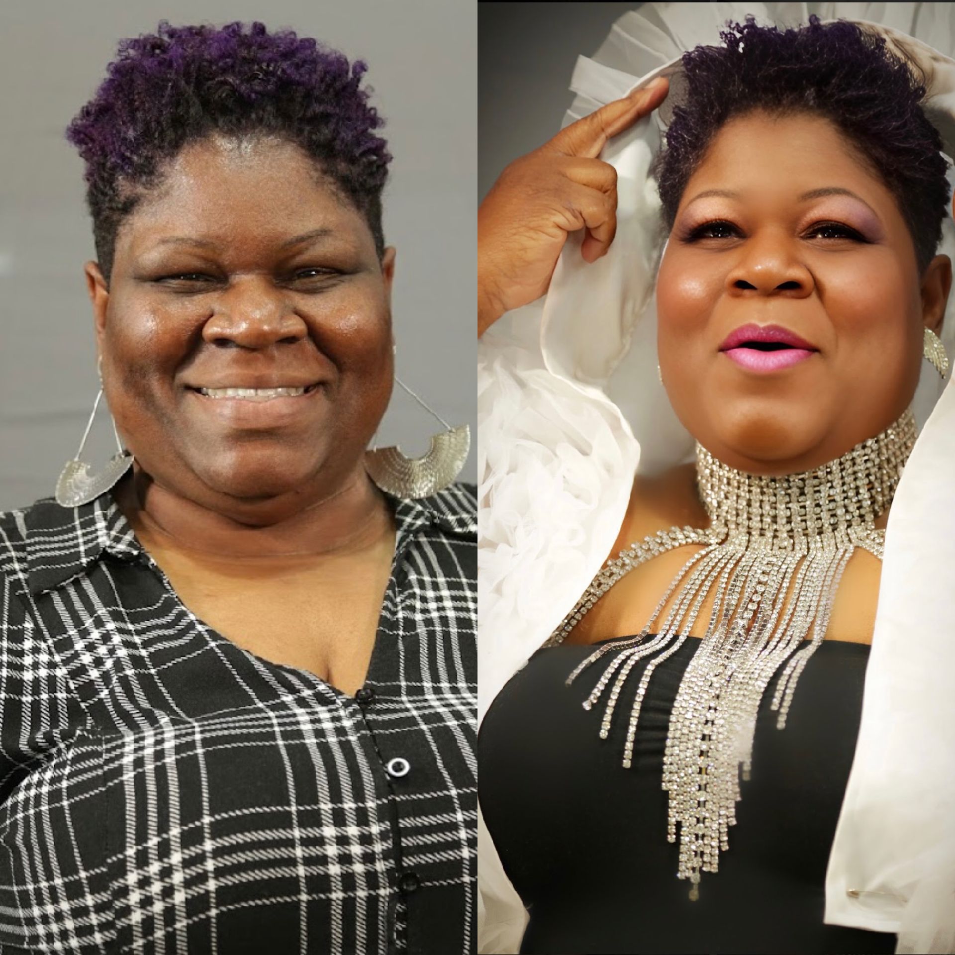 A before and after photo of a woman with purple hair