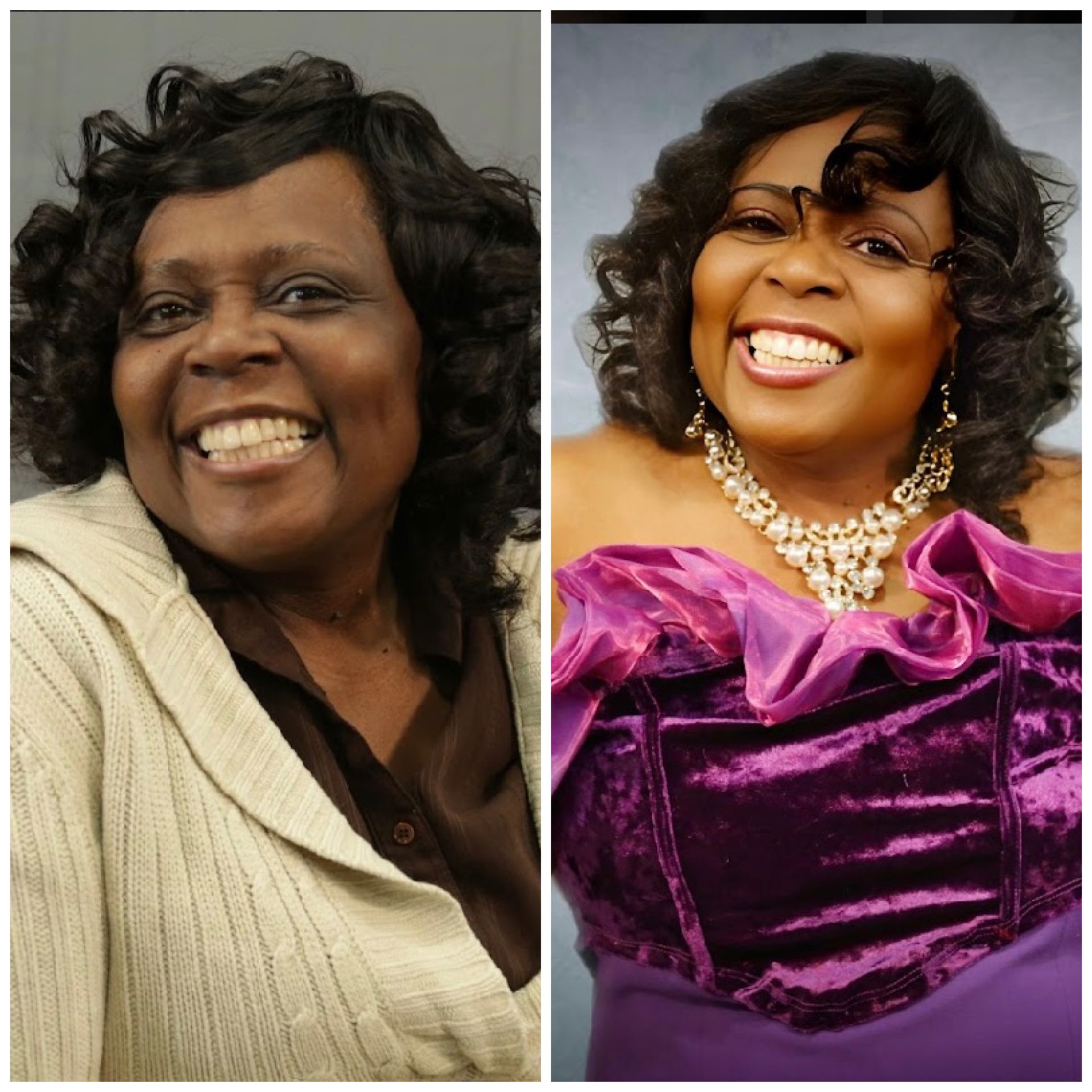 A woman in a sweater and a woman in a purple dress