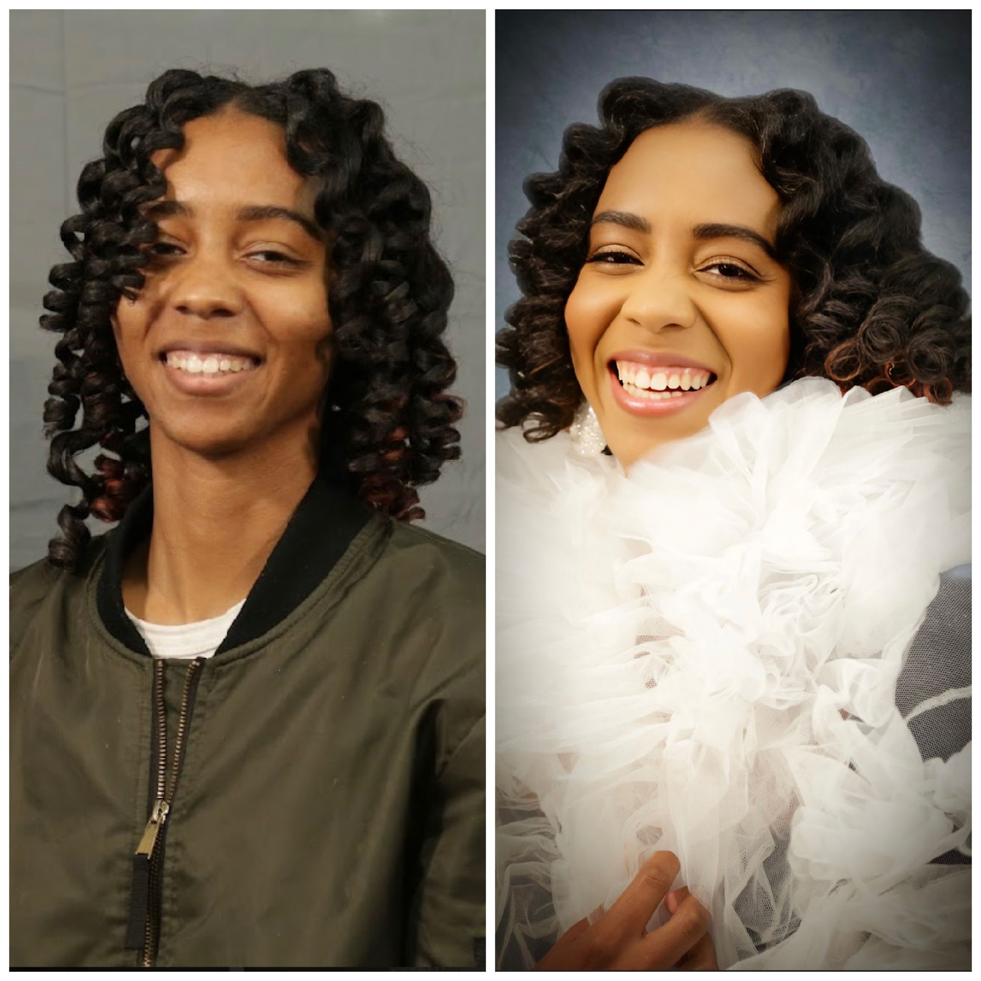 A before and after photo of a woman with curly hair