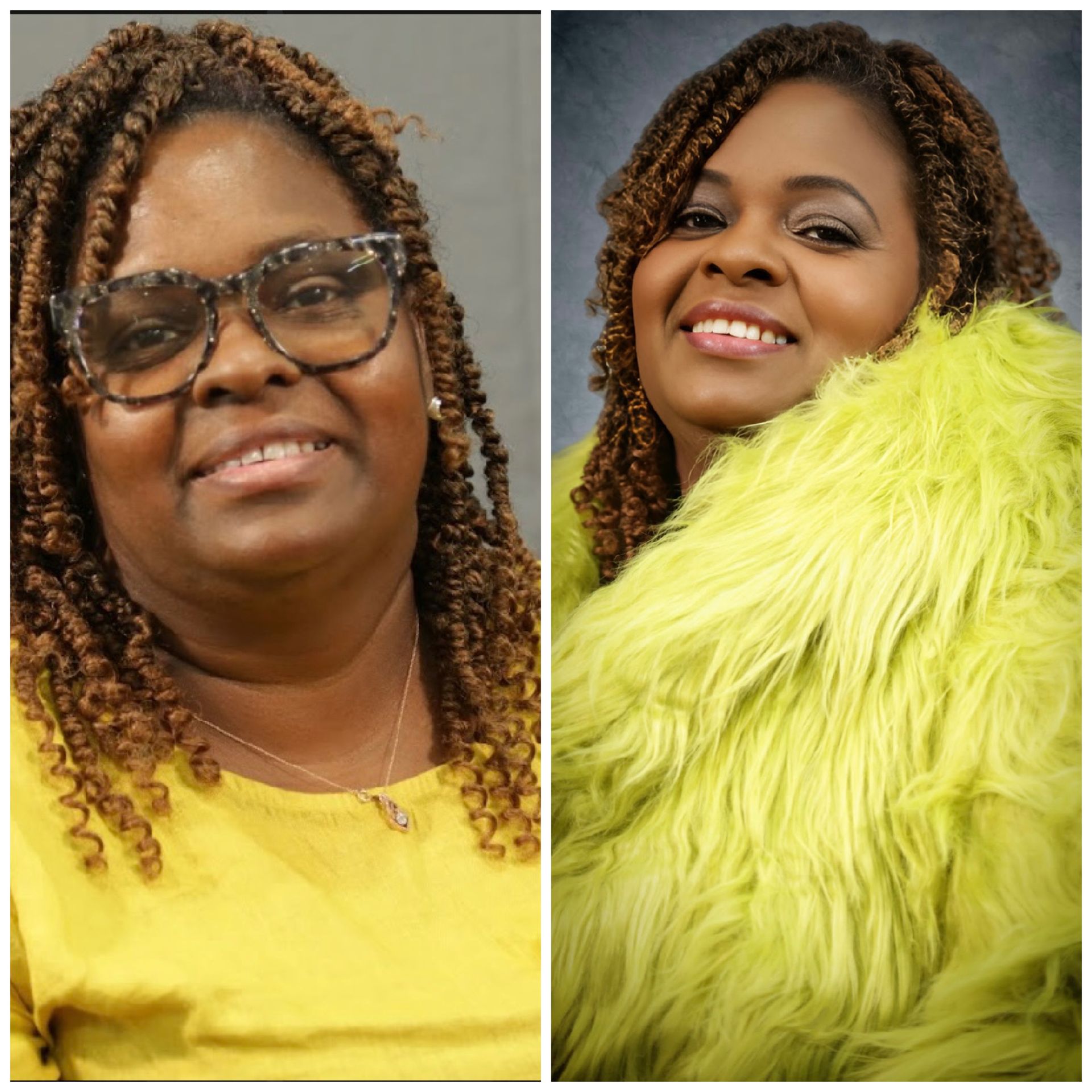 Two pictures of a woman wearing glasses and a green fur coat
