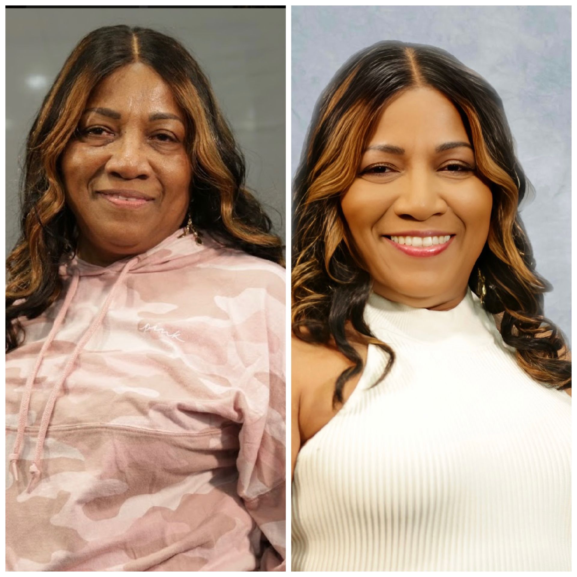 A before and after photo of a woman with long hair