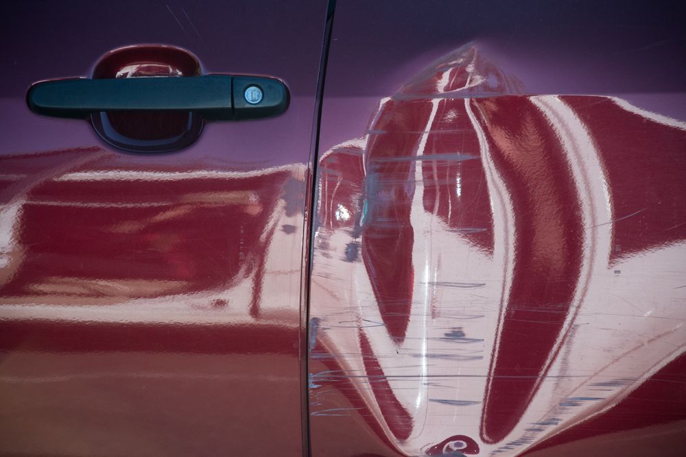 Red Car With Dent and Scratch On Door — Summit Smash Toongabbie In Toongabbie, NSW