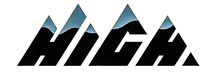 The word "HIGH" styled in black letters that resemble mountain peaks with a blue, snowy gradient at the top.