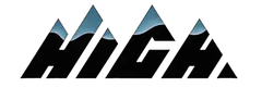 The word "HIGH" styled in black letters that resemble mountain peaks with a blue, snowy gradient at the top.