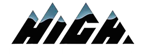 The word "HIGH" styled in black letters that resemble mountain peaks with a blue, snowy gradient at the top.
