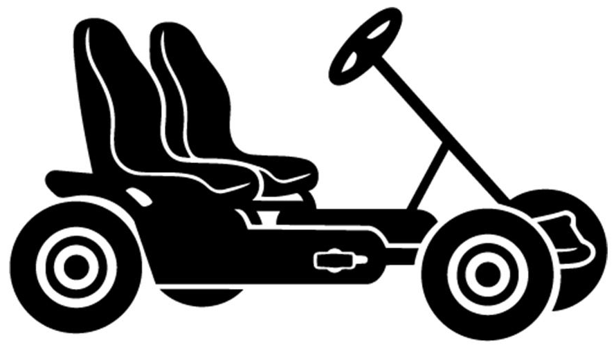 Schwarze Silhouette eines zweisitzigen Pedal-Go-Karts mit Lenkrad und vier Rädern.