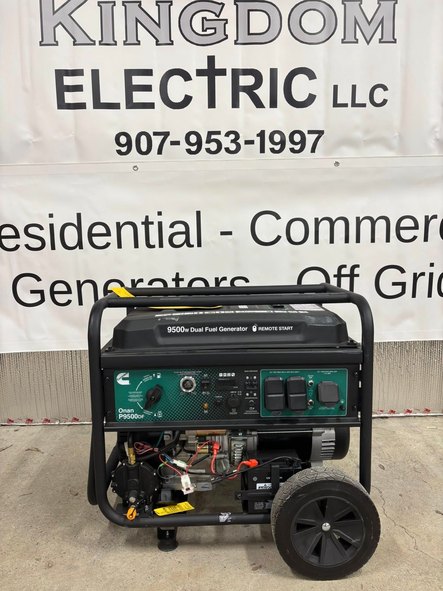 Generator with black frame, black wheel, controls and a white banner with contact info.