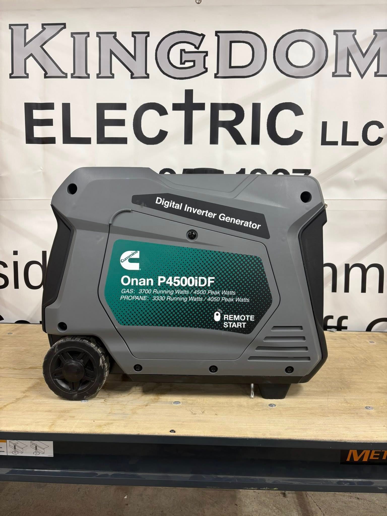 Gray and teal Cummins Onan P4600iDF portable generator.