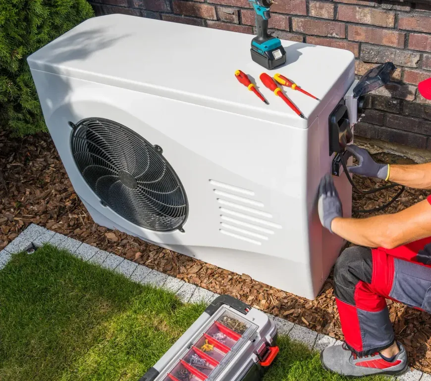 A man is working on an air conditioner in a backyard.