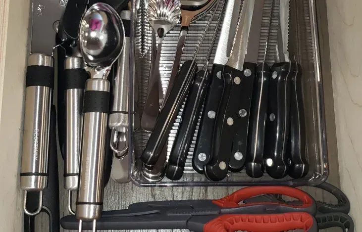 a drawer full of kitchen utensils including knives and scissors