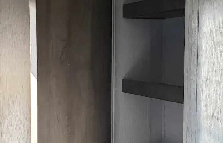 A closet with shelves and a door in a house.