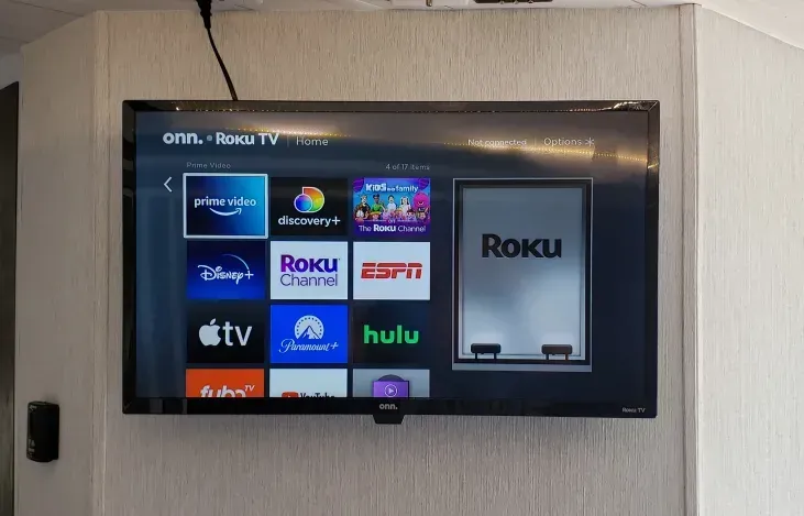 A roku tv is hanging on a wall.