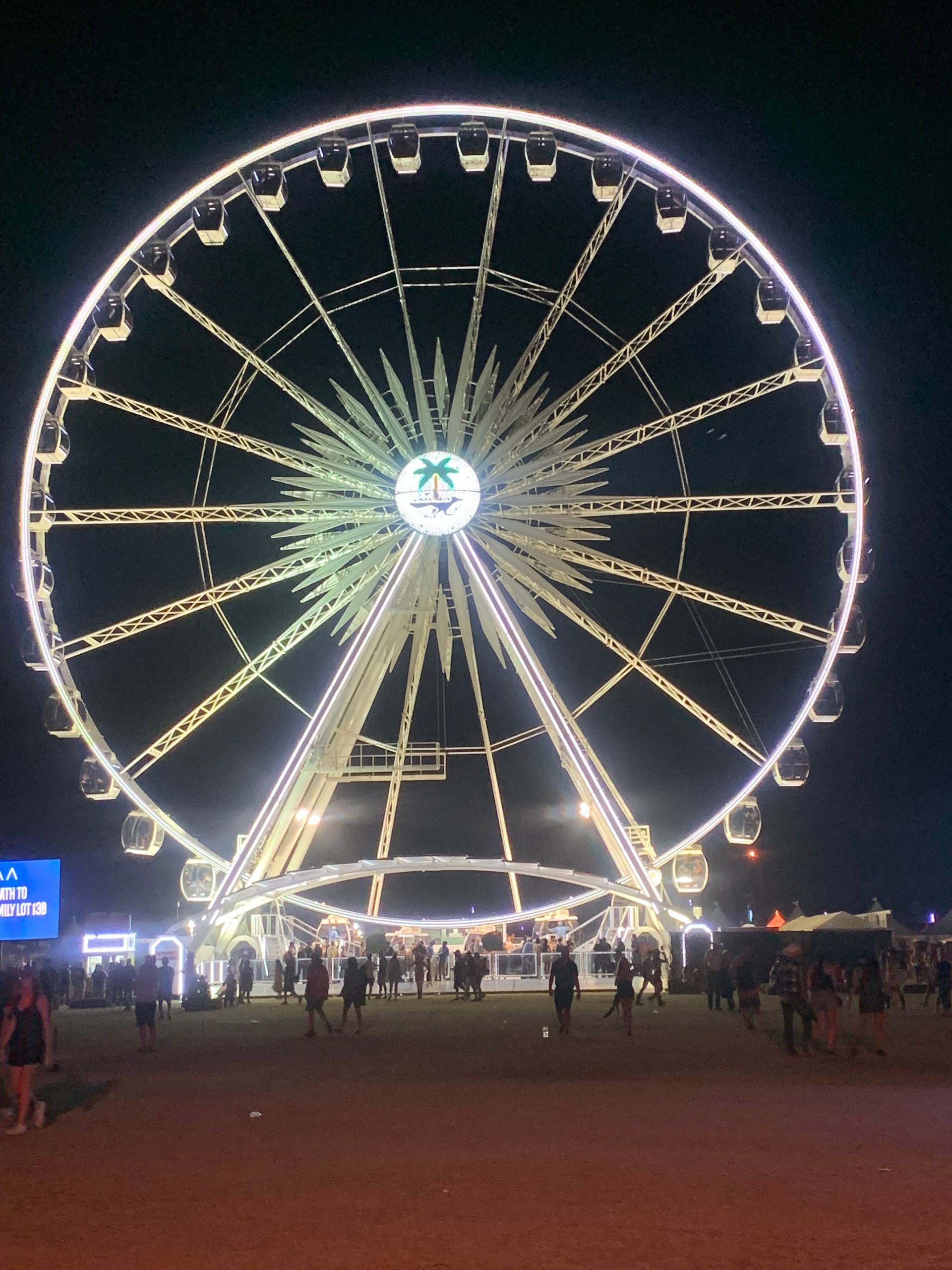 a large ferris wheel is lit up at night
