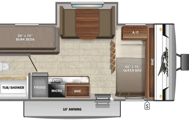 A floor plan of a rv with a couch and a table.