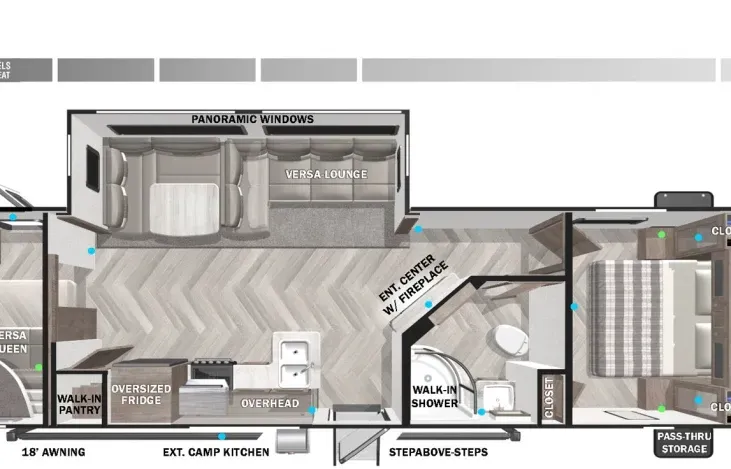 A floor plan of a rv with a couch and a bed.
