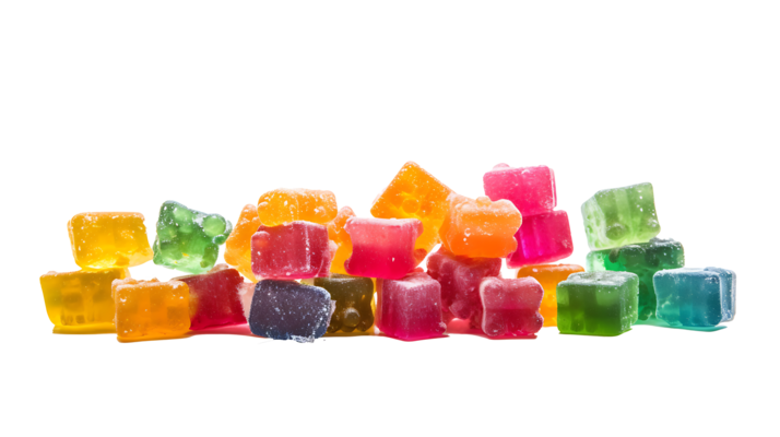 Two stacked gumdrop candies, red top, yellow base, on white background.