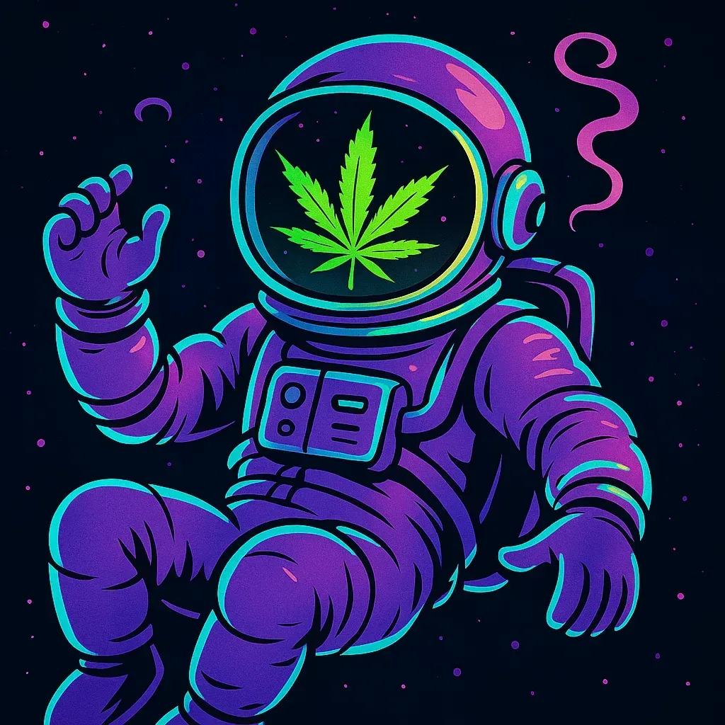 Astronaut in space with a cannabis leaf in their helmet visor. Purple and blue tones with smoke.