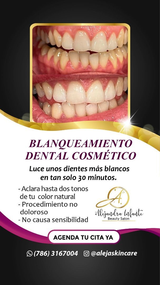 A dental cosmetic advertisement with a picture of a person 's teeth.
