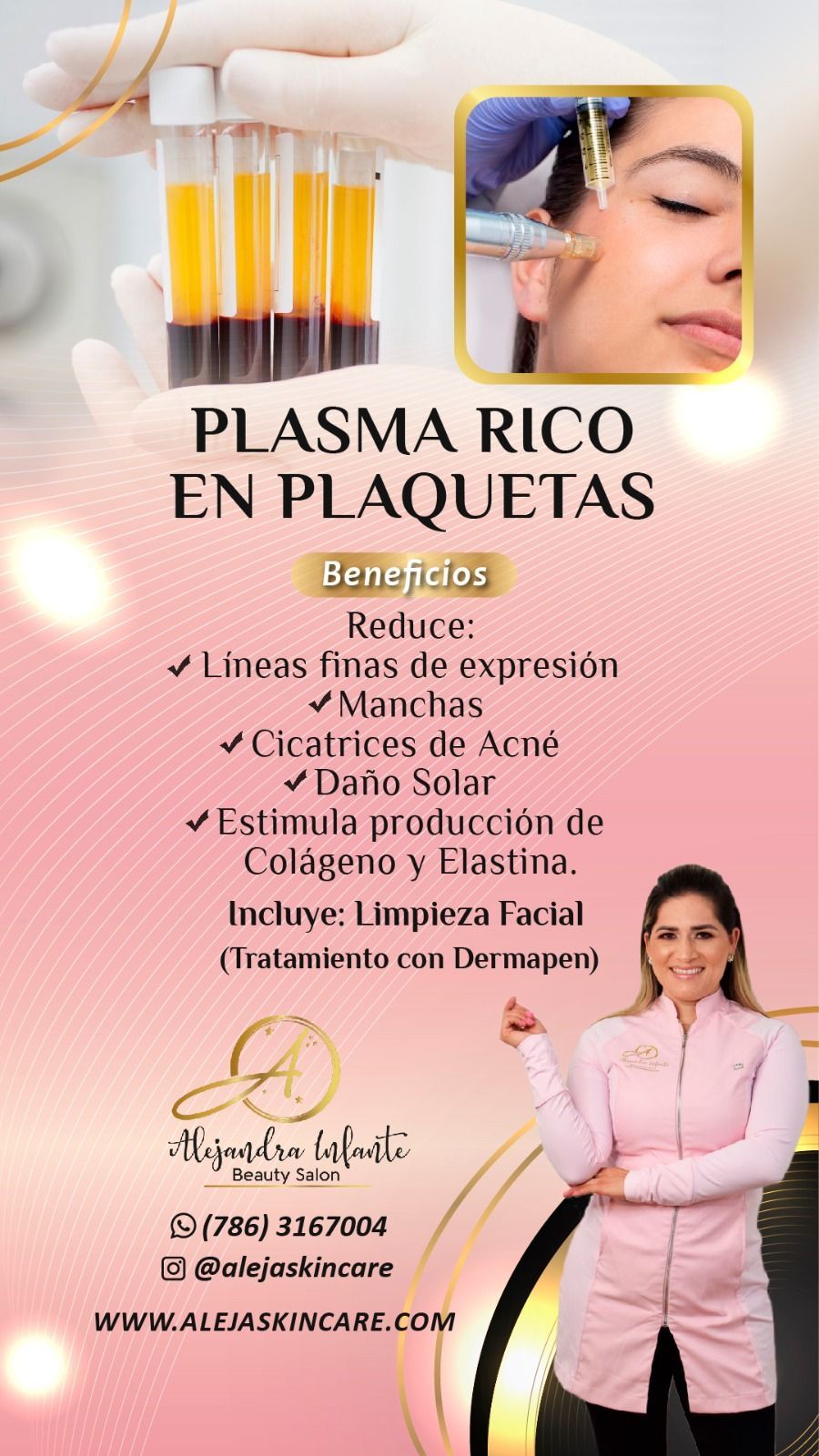 A woman in a pink coat is holding a bottle of plasma rico en plaquetas.