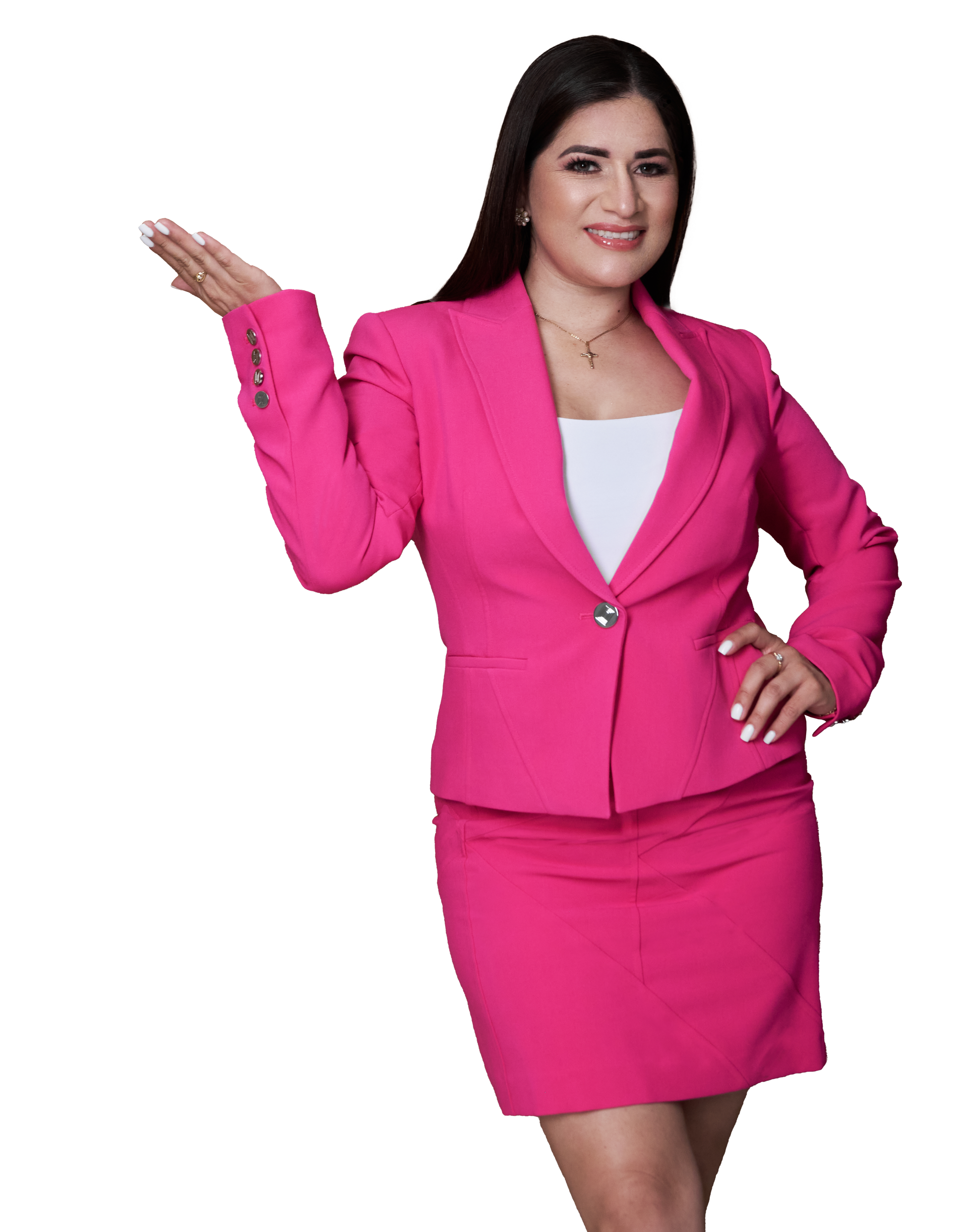 A woman in a pink suit is standing with her hand outstretched.