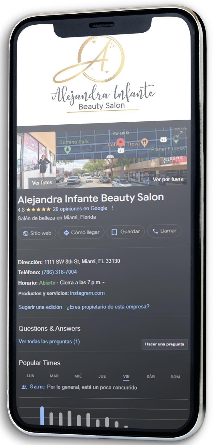 A cell phone is displaying a website for a beauty salon.