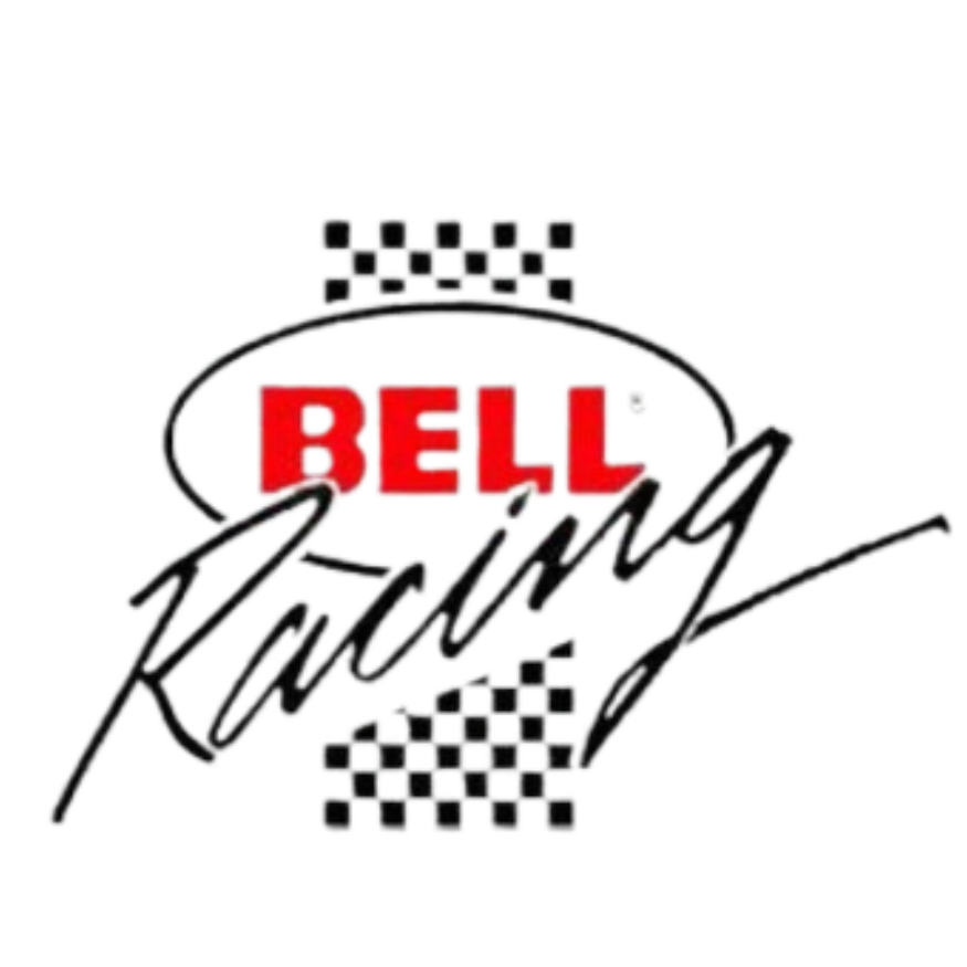 A bell racing logo with a checkered flag in the background