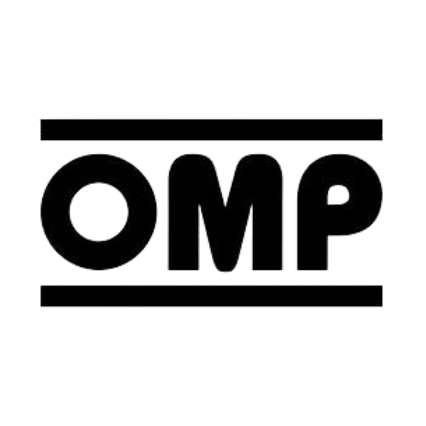 A black and white omp logo on a white background.