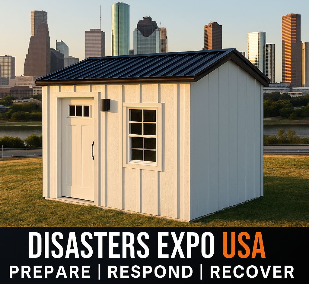 Synergy Structures modular home with Houston skyline promoting attendance at Disasters Expo USA 2025