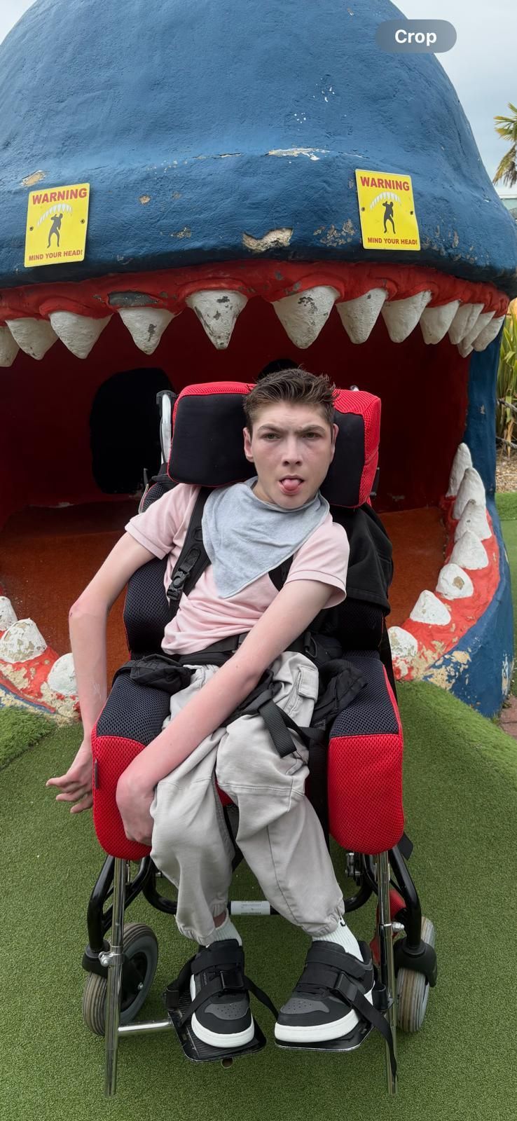 Person in a wheelchair poses in front of a large, blue shark mouth. The person is sticking their tongue out.