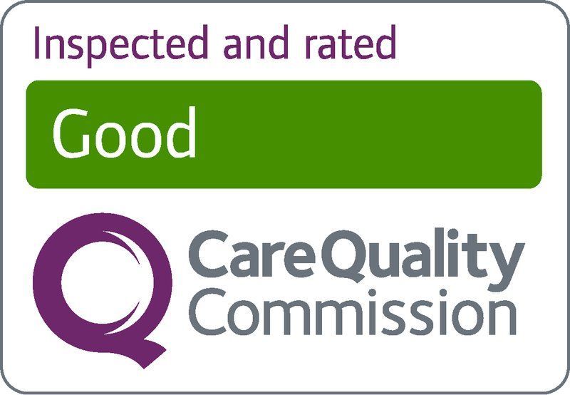 Care Quality Commission rating: Good. Green bar, purple logo, gray text.