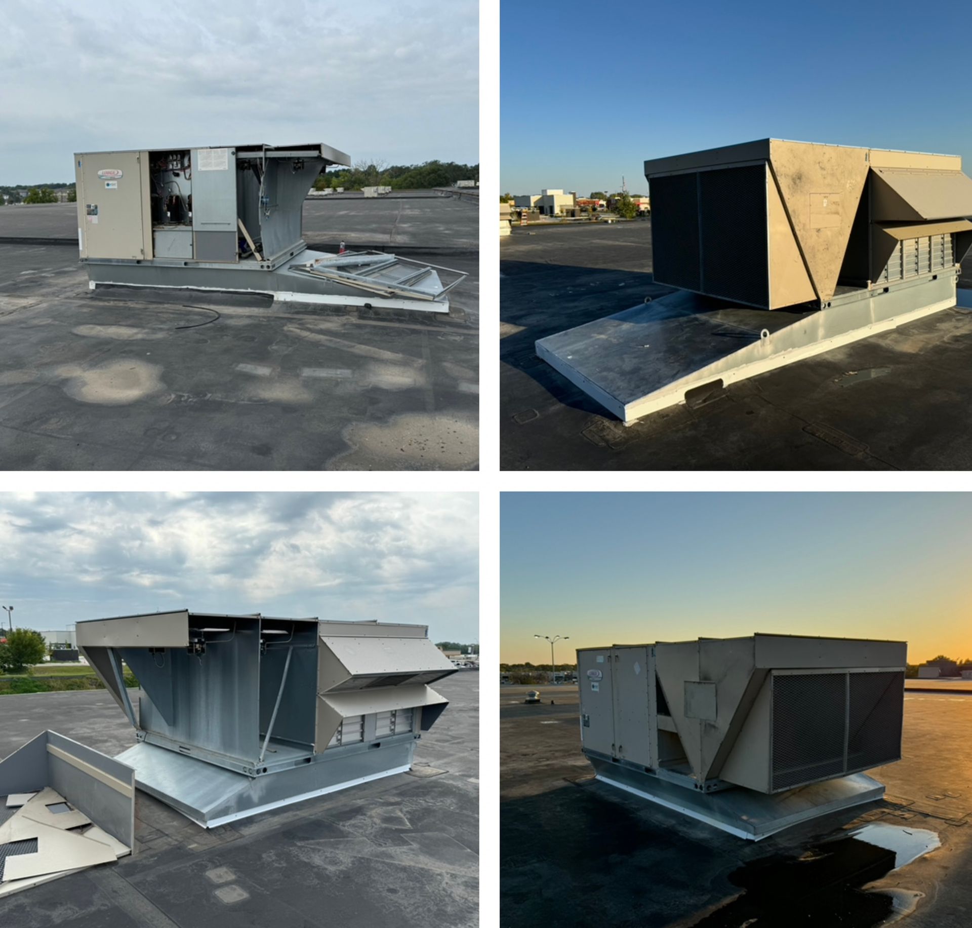 A collage of four pictures of an air conditioner on a roof