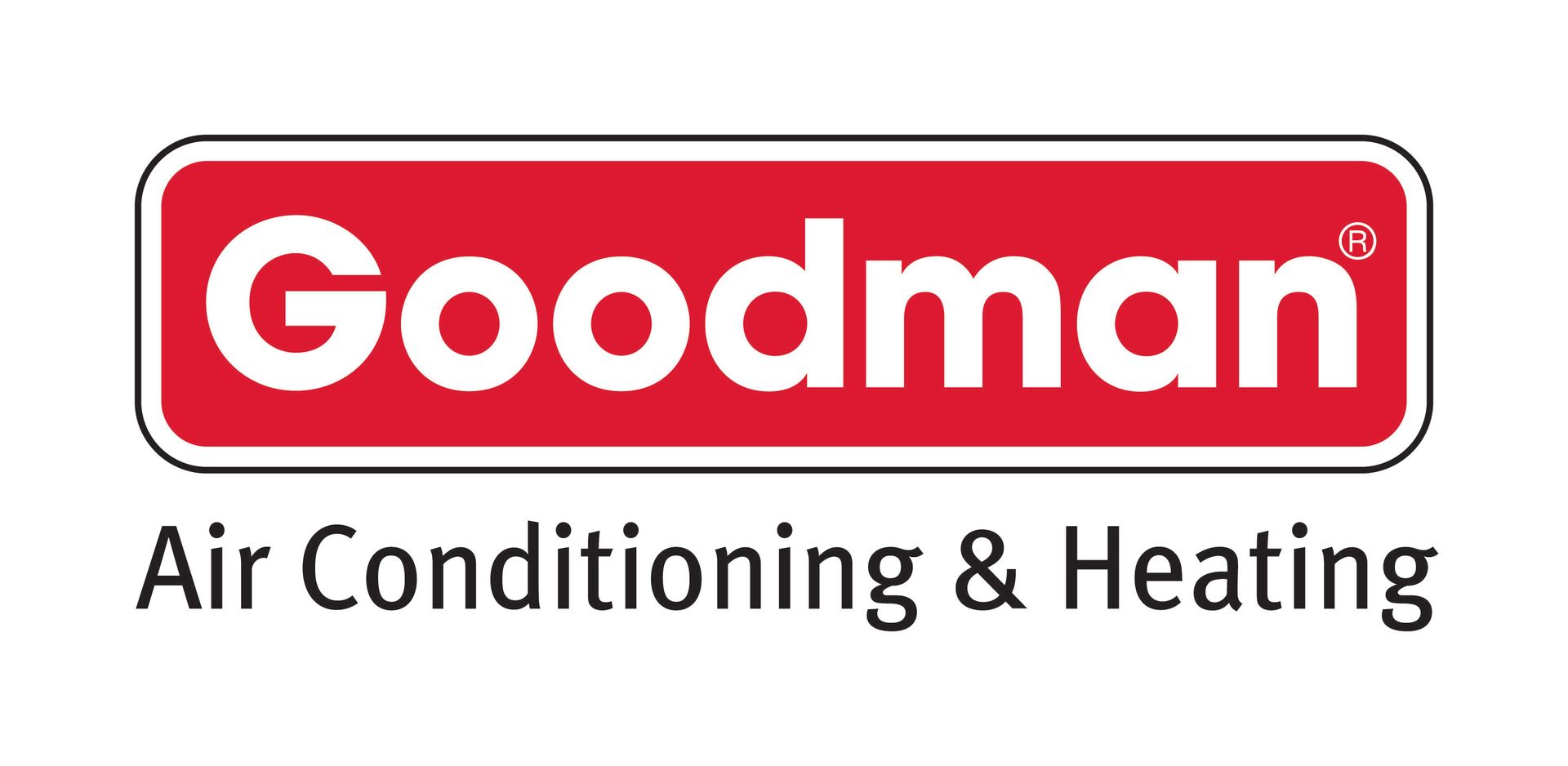 The logo for goodman air conditioning and heating is red and white.
