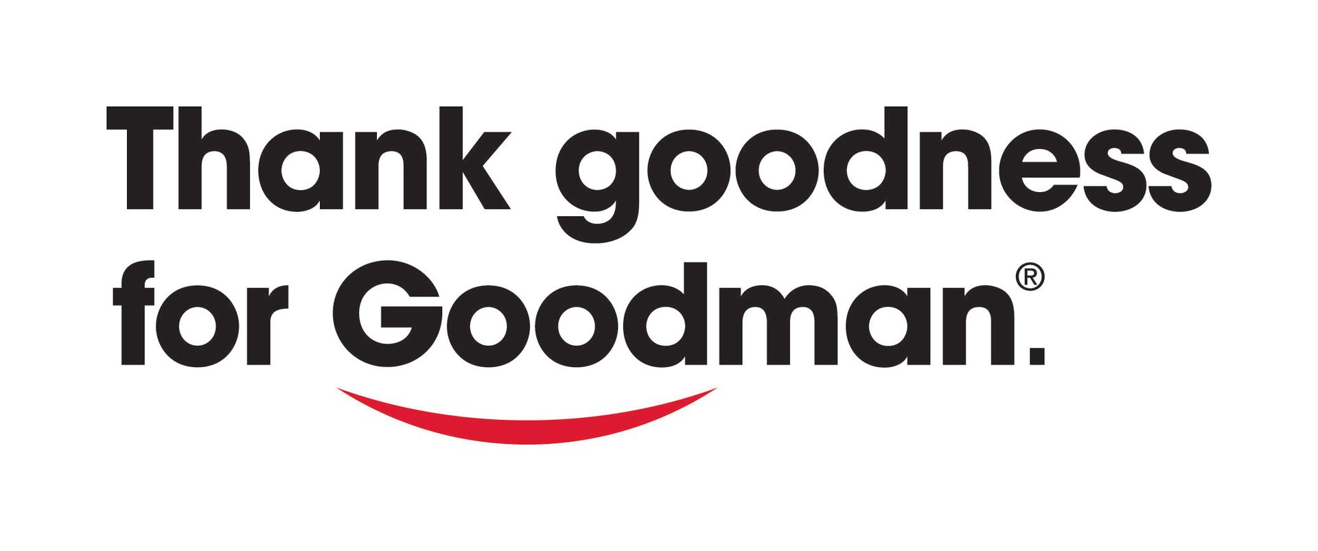 A thank goodness for goodman logo with a red smile.