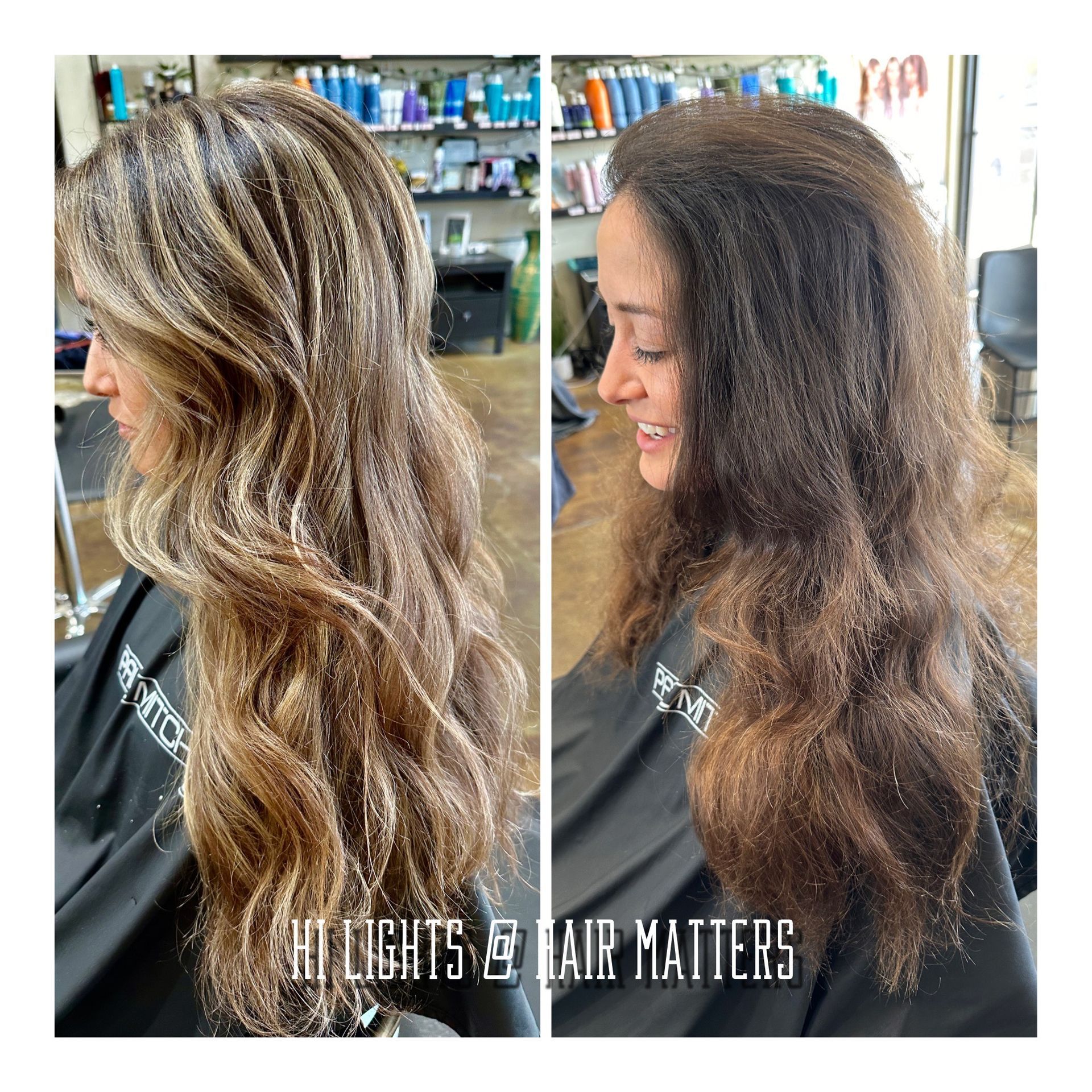 Woman with long, highlighted hair before and after a dark brown dye in a salon.