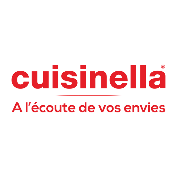 A red and white logo for cuisinella a l' ecoute de vos envies