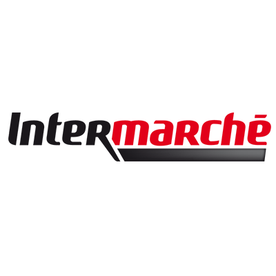 Le logo intermarché est noir et rouge sur fond blanc.