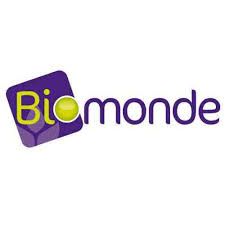 Le logo de biomonde est un carré violet avec un cercle jaune au milieu.