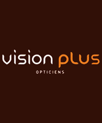 Un logo pour vision plus opticiens sur fond marron