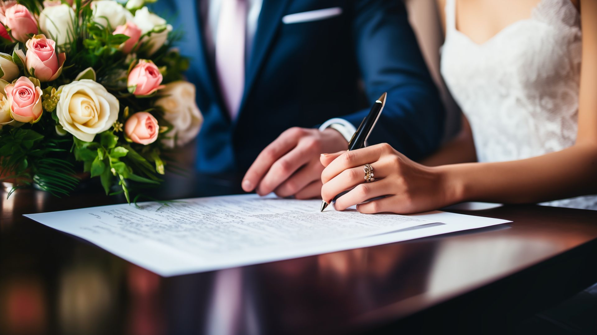 Bride signing a marriage certificate, representing divorce court in Broward County, FL.