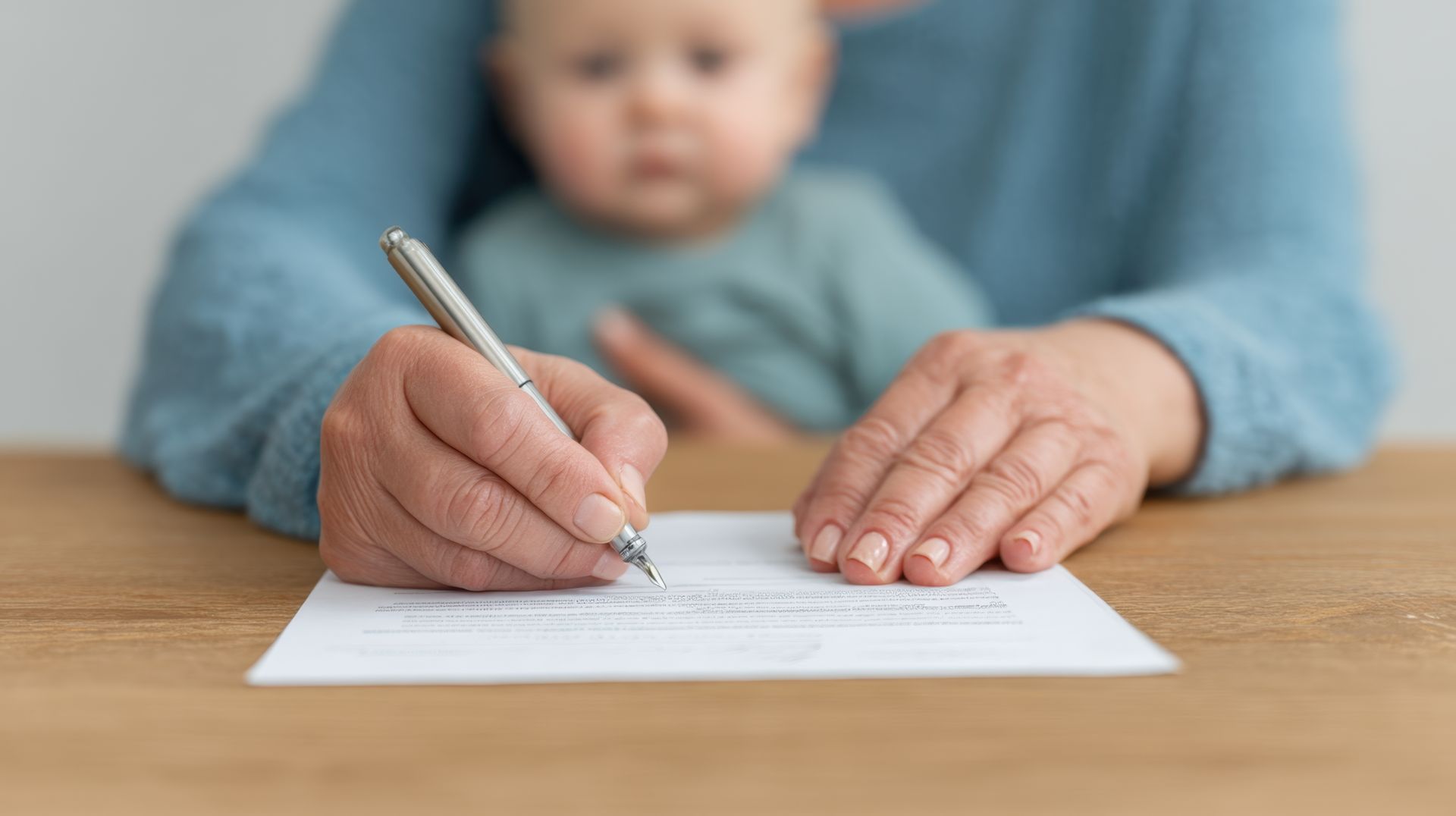 Hands writing on paper, baby in arms.