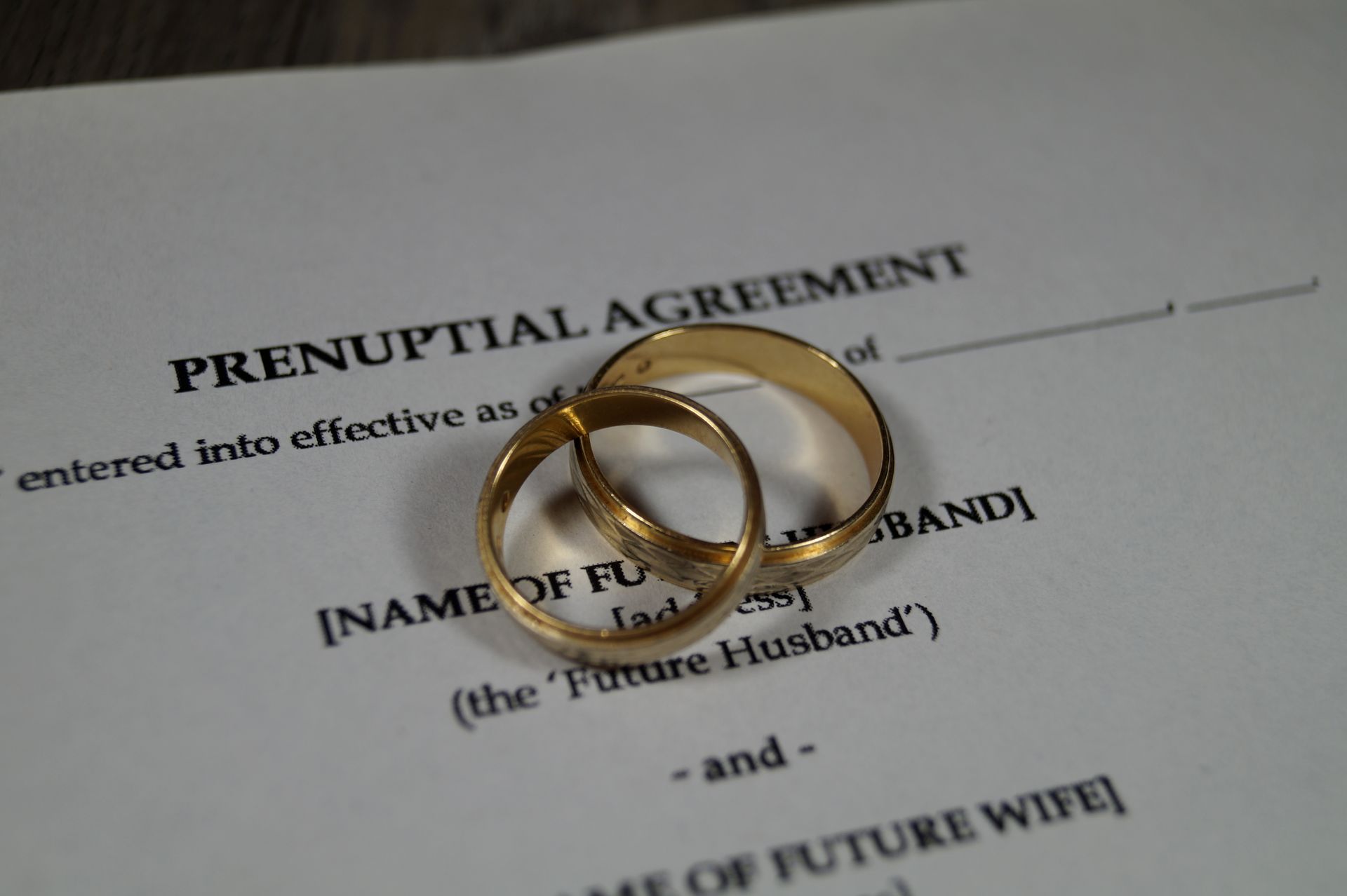 Two wedding rings on top of a prenuptial agreement